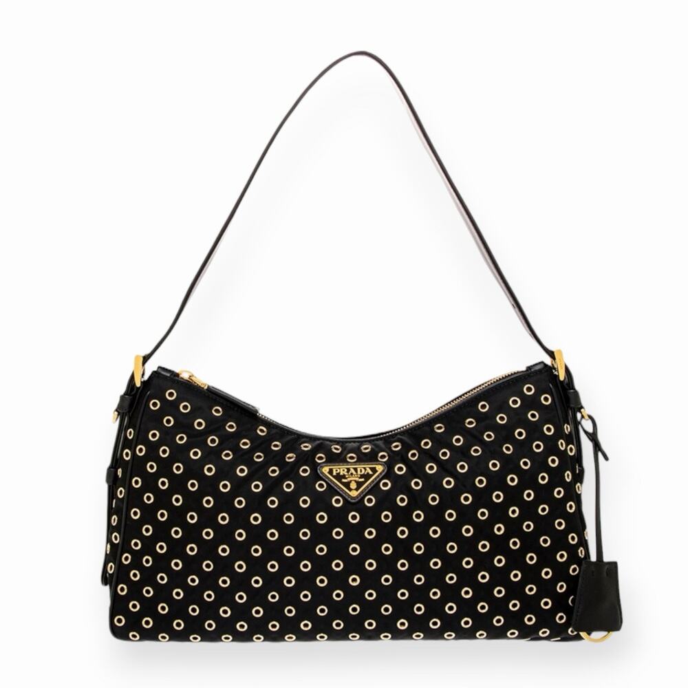 Prada Large Aimée Re-Nylon Grommet Shoulder Bag Black NWOT Dust Bag + Cards